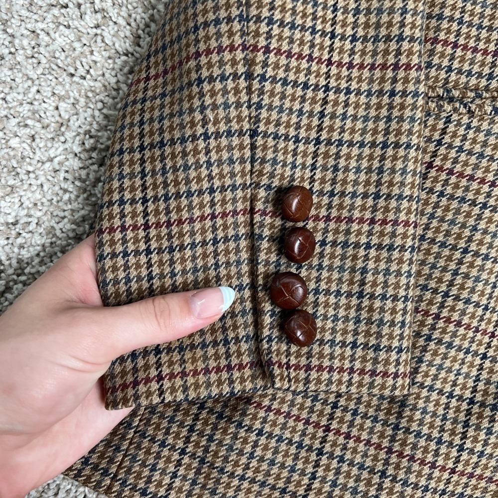 VTG Talbots Riding Blazer Wool Leather Equestrian Heritage Brown Plaid 14 USA - Picture 6 of 13